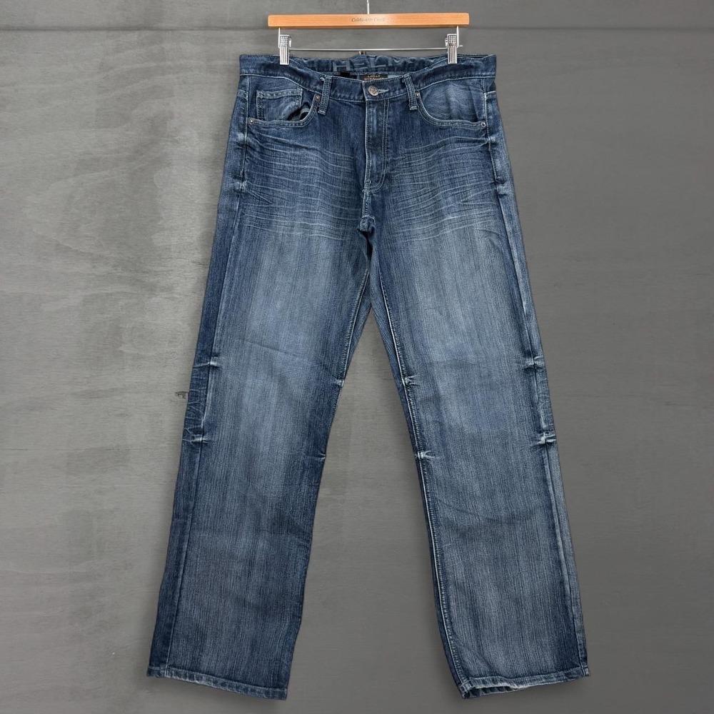 Y2K Helix Loose Baggy Straight Jeans Blue Denim Whiskered Faded 34 x 34